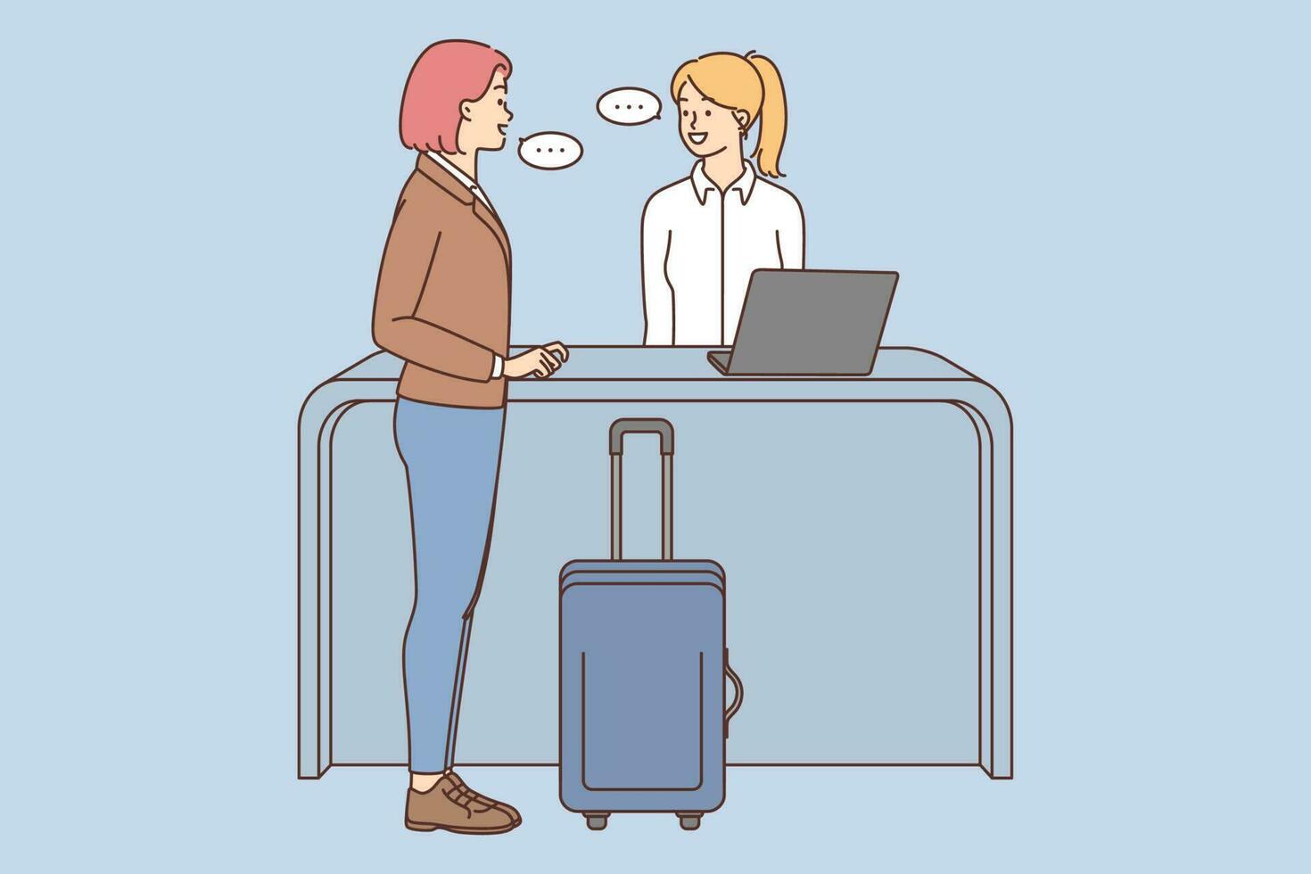 donna con valigia parlare con personale nel Hotel. femmina viaggiatore con bagaglio parlare con amministratore su ricezione. vettore illustrazione.