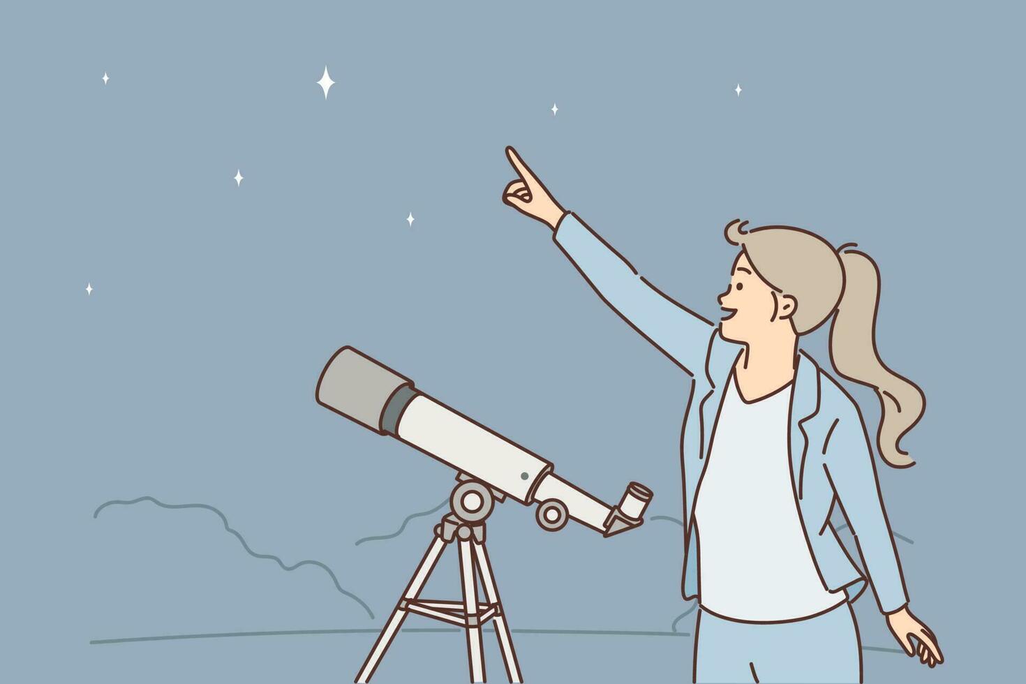 donna con telescopio punti dito a stellato cielo, essere affettuoso di astronomia e Guardando movimento di pianeti nel spazio. ragazza sta nel Aperto aria vicino telescopio su tripode e sembra a notte cielo vettore