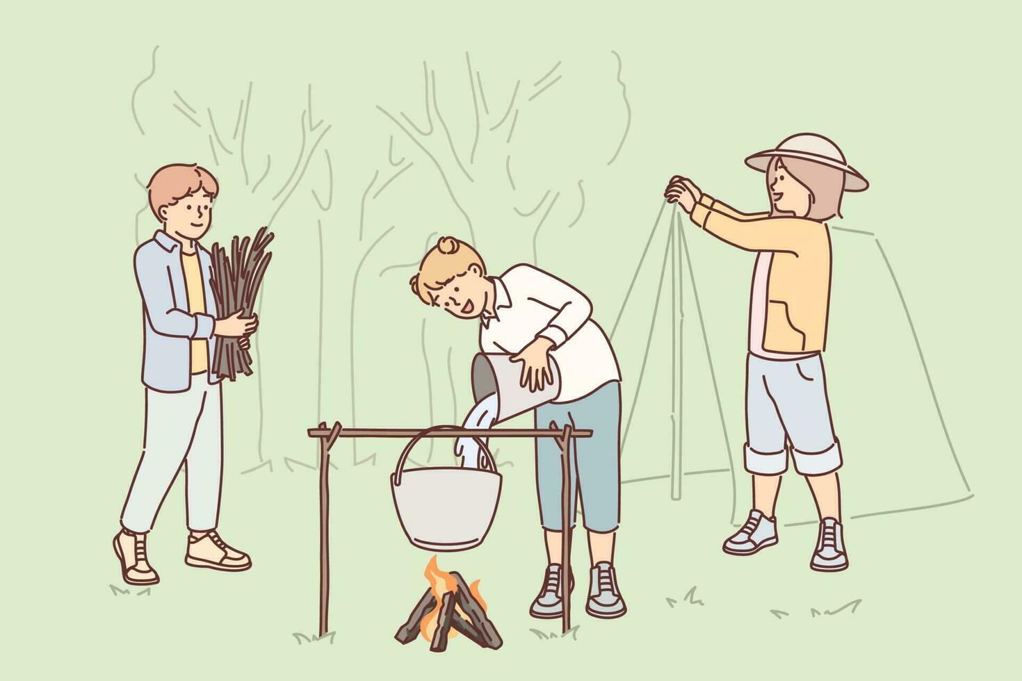 bambino scout prendere parte nel escursione nel foresta, mettendo su tenda e edificio fuoco per cucinare cena. gruppo di ragazzi e ragazze imparare per essere scout e campo su durante escursione nel natura parco durante estate vacanza. vettore