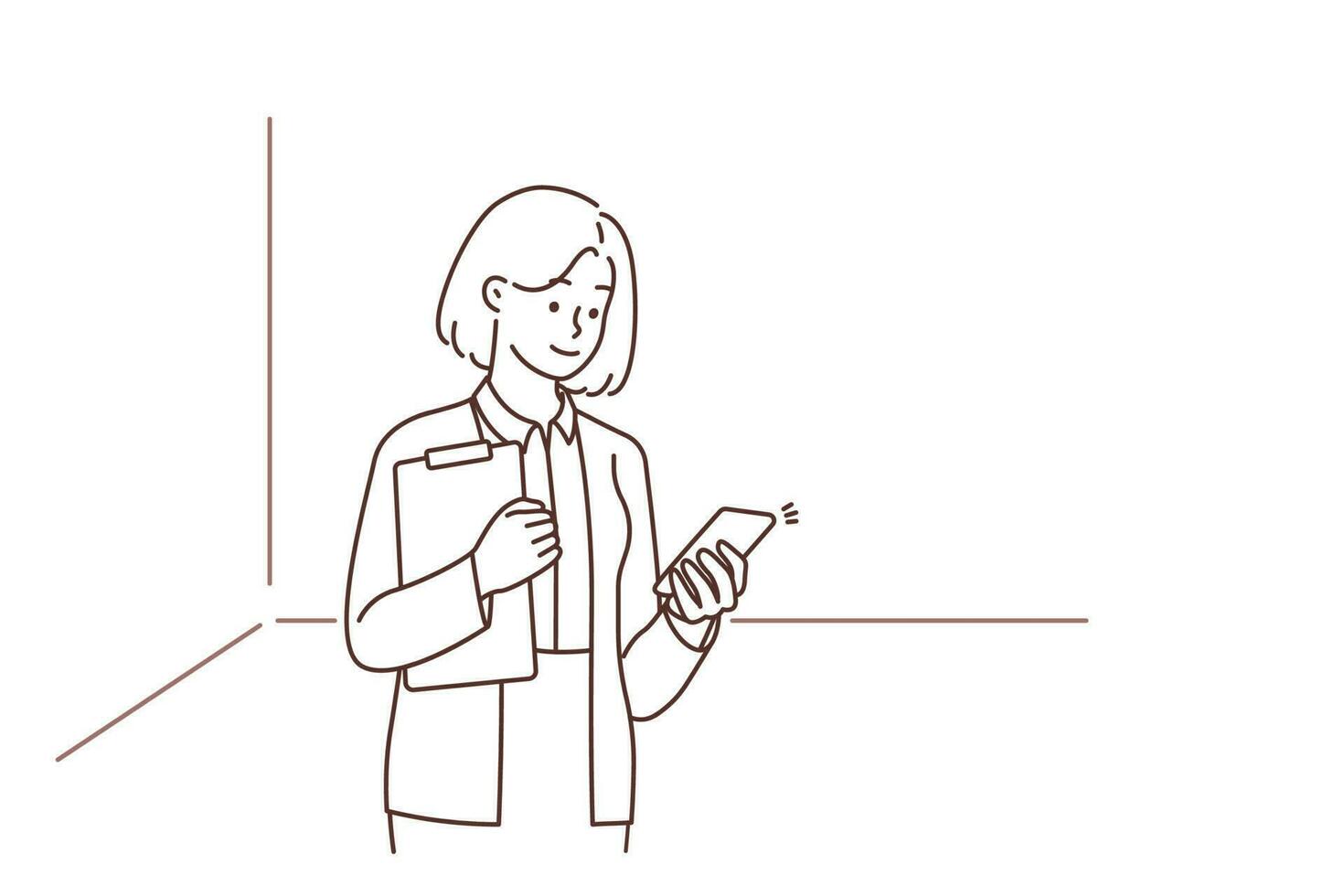 donna d'affari con documenti utilizzando cellulare in linea comunicazione. sorridente femmina dipendente o lavoratore testo su Internet su smartphone. vettore illustrazione.