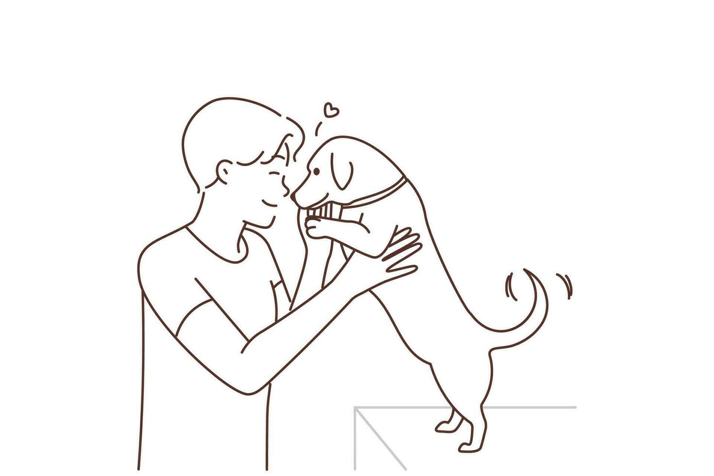 contento tipo giocando con piccolo cucciolo al chiuso. sorridente giovane uomo abbraccio e coccolare carino cane mostrare amore e cura per animale domestico. vettore illustrazione.