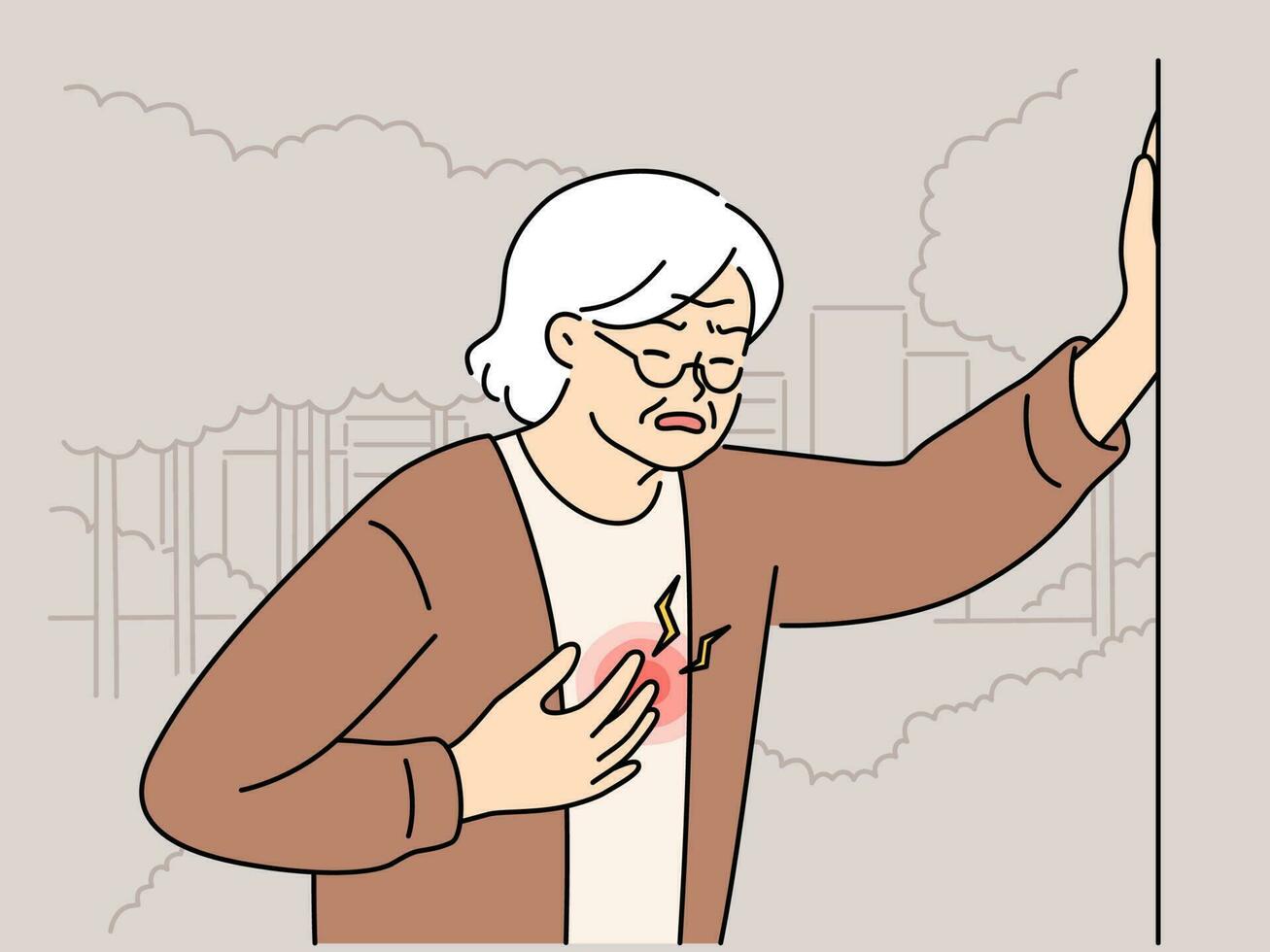 malsano maturo donna toccare il petto soffrire a partire dal cuore attacco. indisposto anziano nonna lotta con cardiovascolare patologia. vettore illustrazione.