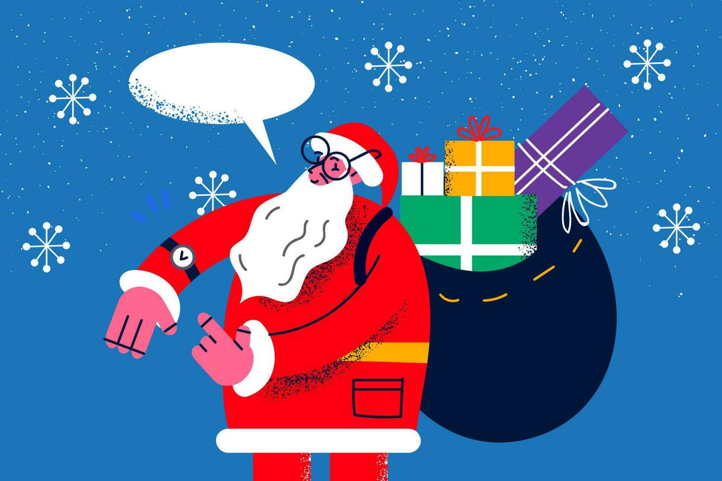 sorridente vecchio Santa Claus con imballare di regali su indietro dai un'occhiata tempo per nuovo anno i regali consegna. contento padre Natale consegnare scatole regalo su natale notte. inverno vacanza concetto. vettore illustrazione.