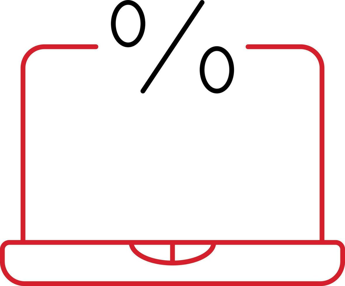 percentuale simbolo con il computer portatile rosso e nero schema icona. vettore