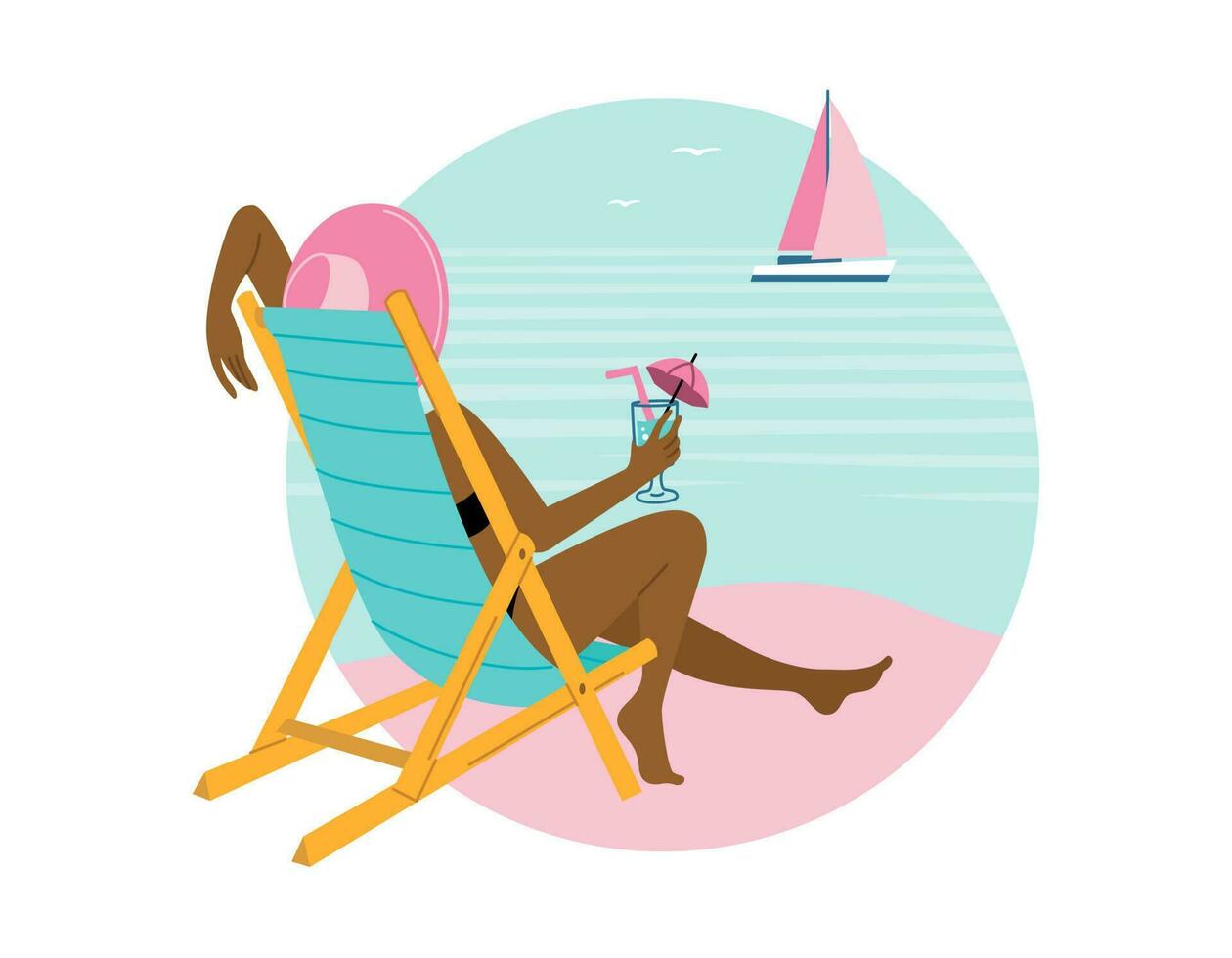 un' donna nel un' bagnarsi completo da uomo e un' cappello si siede su un' sole lettino su il spiaggia. rilassamento, estate vibrazioni. vettore piatto illustrazione