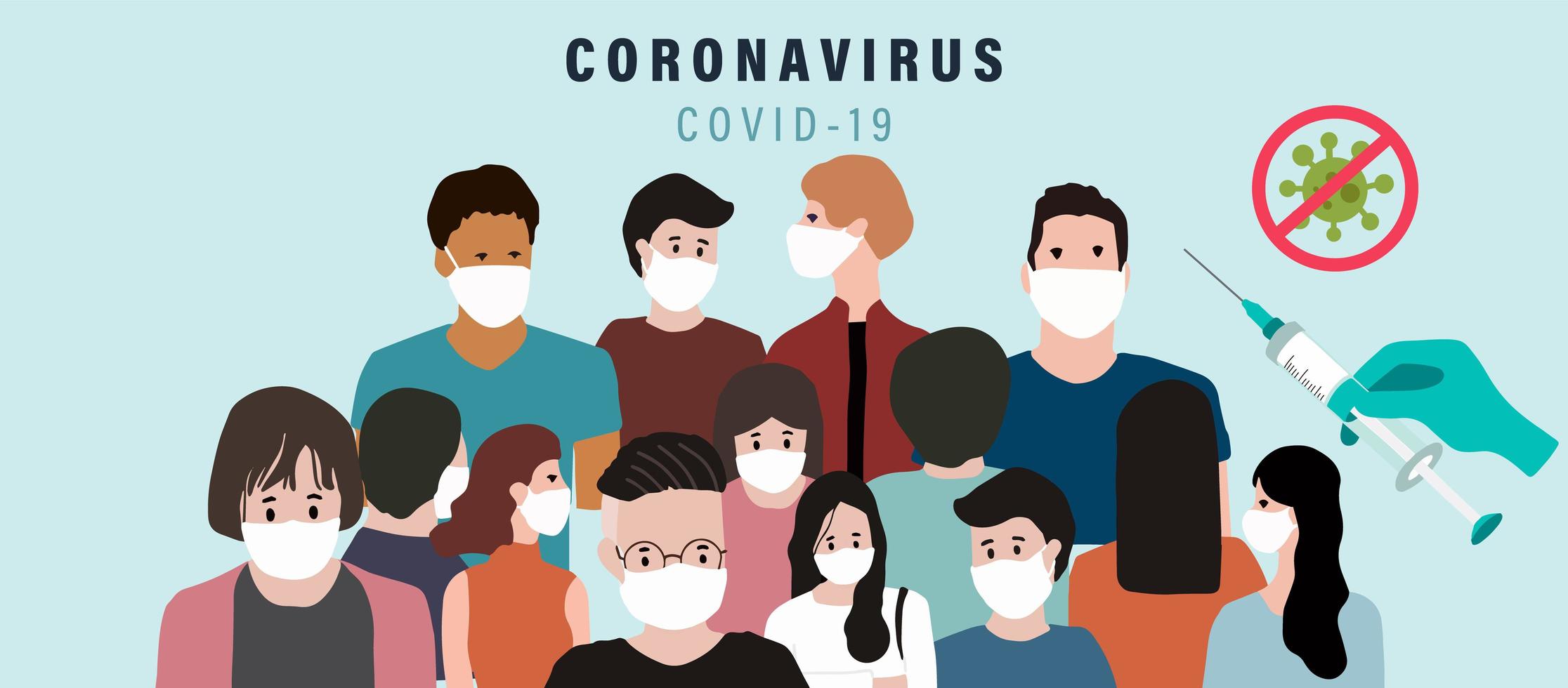 persone con maschera facciale chirurgica, sfondo vaccinale per prevenire la diffusione di batteri, coronavirus vettore