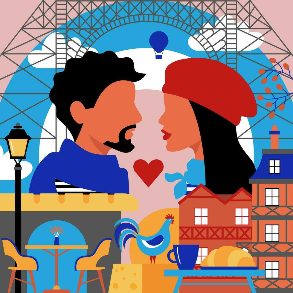 astratto uomo e donna, facce nel profilo. amore, romanza concetto. Francia, bar, brioche, cuore. vettore illustrazione nel un' semplice stile.