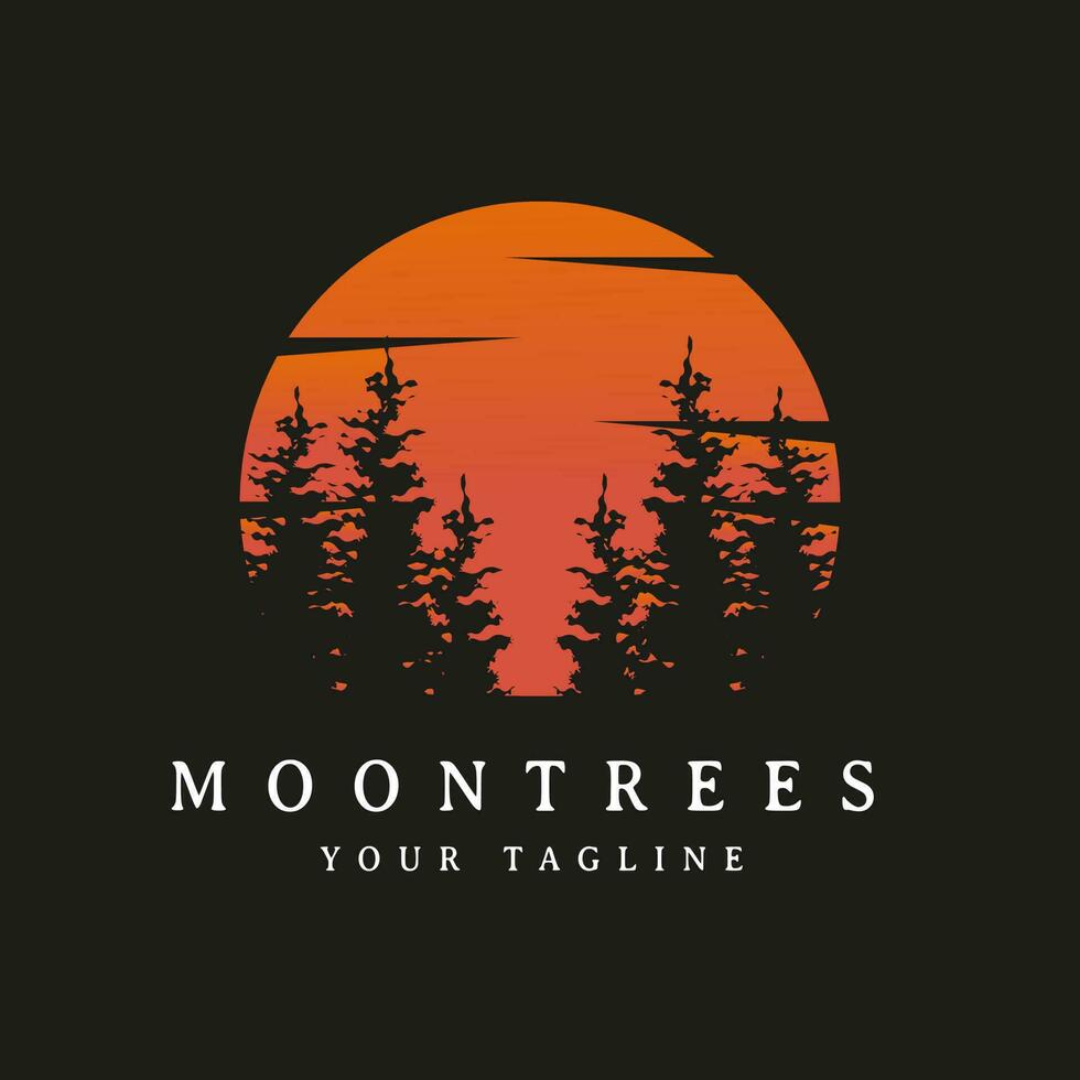 illustrazione di tramonto Visualizza di pino alberi con Luna e albero silhouette paesaggio disegno, buio sfondo. vettore