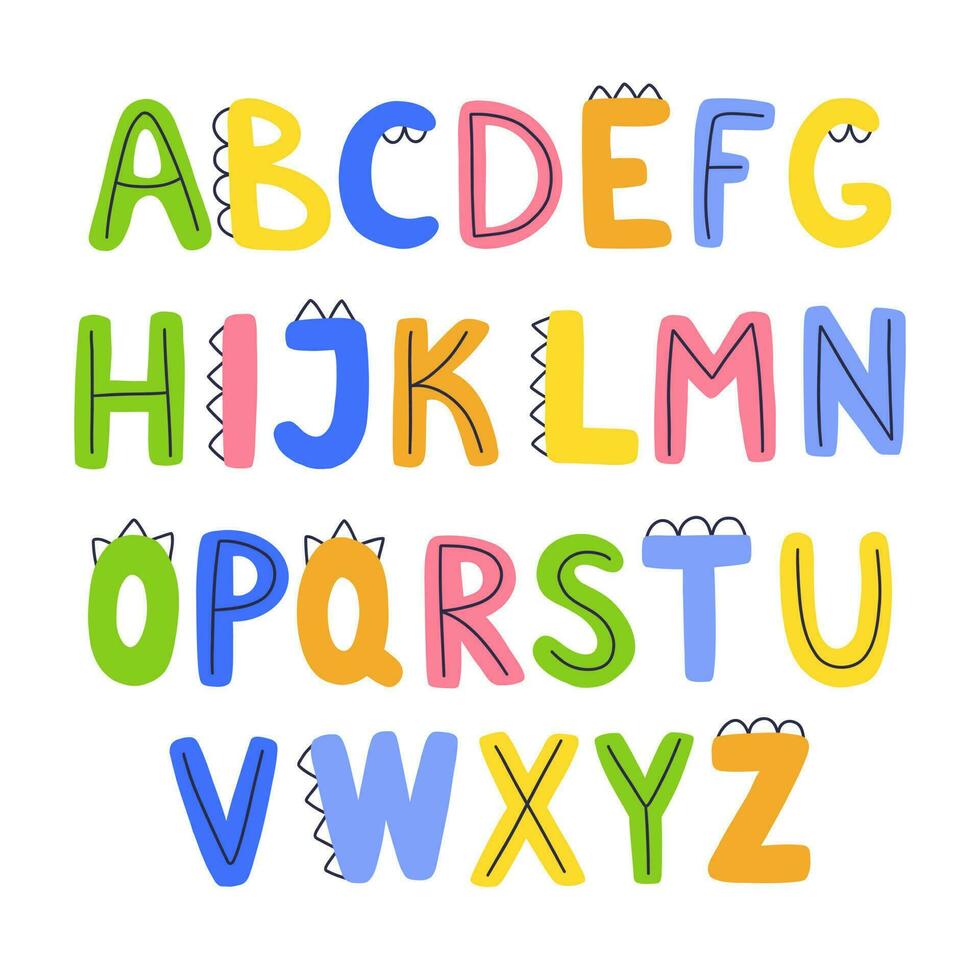 carino figli di inglese alfabeto design. divertente colorato dino lettere. abc collezione vettore