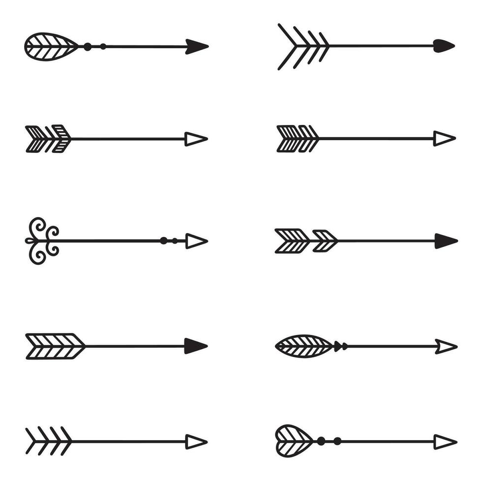 boho frecce scarabocchio impostare. fricchettone etnico decorativo elementi. mano disegnato vettore illustrazione isolato su bianca sfondo