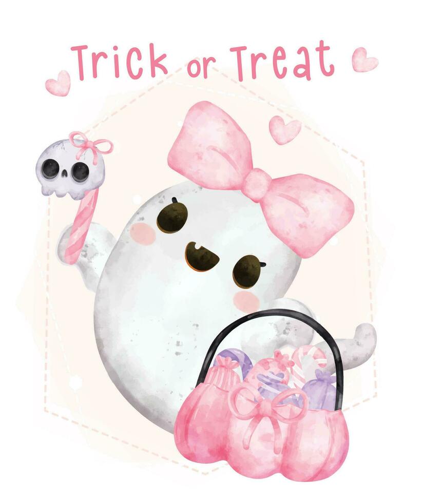 carino contento kawaii fantasma rosa Halloween, trucco o trattare, cartone animato personaggio acquerello mano dipinto vettore
