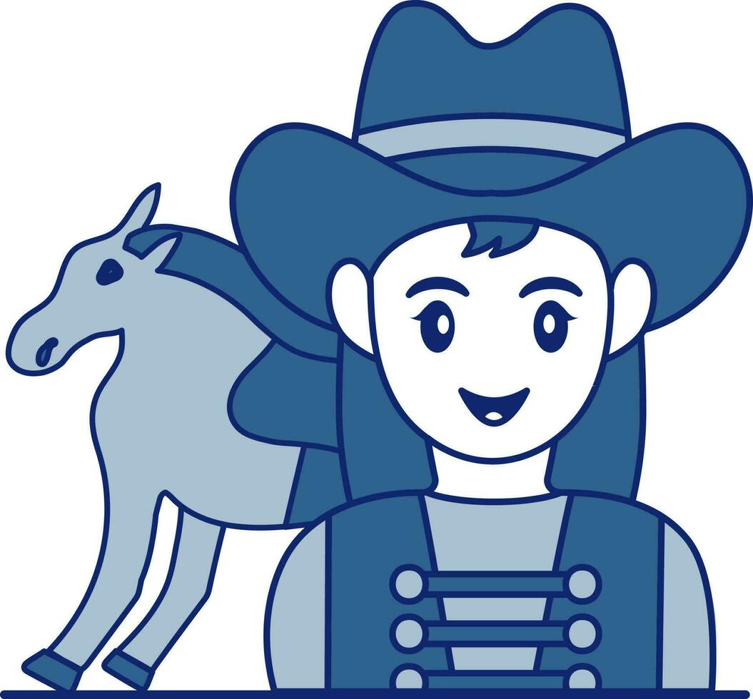 cowgirl con cavallo icona nel blu e bianca colore. vettore