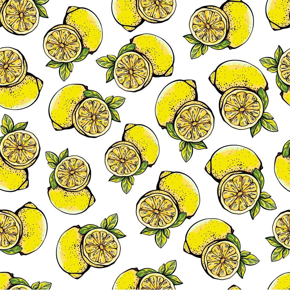 Modello senza cuciture con limoni gialli, interi e affettati su uno sfondo nero.sfondo con agrumi.illustrazione vettoriale botanica in stile grafico.design per tessuti, carta, stampa