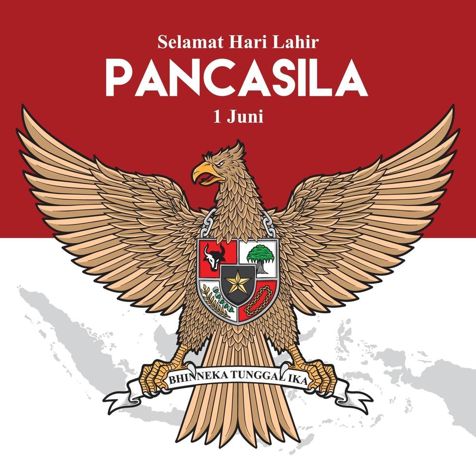 garuda pancasila day con illustrazione della mappa dell'indonesia vettore