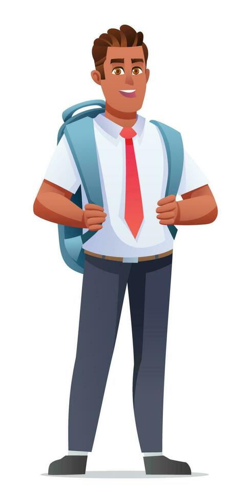 scuola ragazzo indossare uniforme e zaino. cartone animato personaggio illustrazione vettore