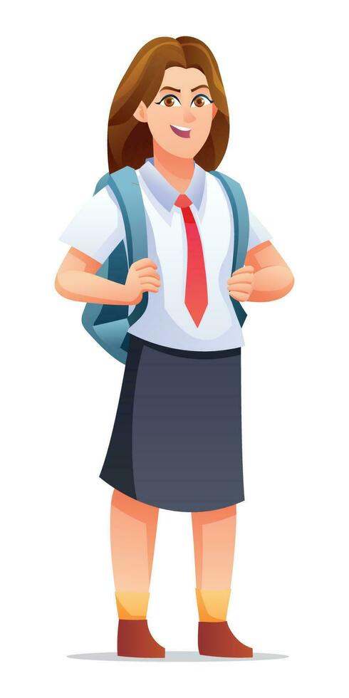 contento scuola ragazza indossare uniforme e zaino. cartone animato personaggio illustrazione vettore