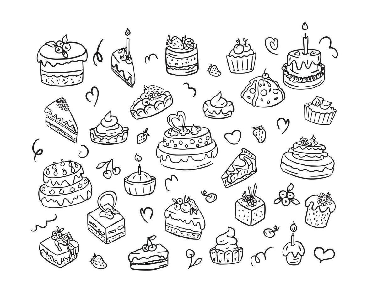 un' grande impostato di dolci, torte, torte e pasticcini disegnato nel doodle.vector illustrazione.dessert per coffee shop e bar mano disegnato. vettore