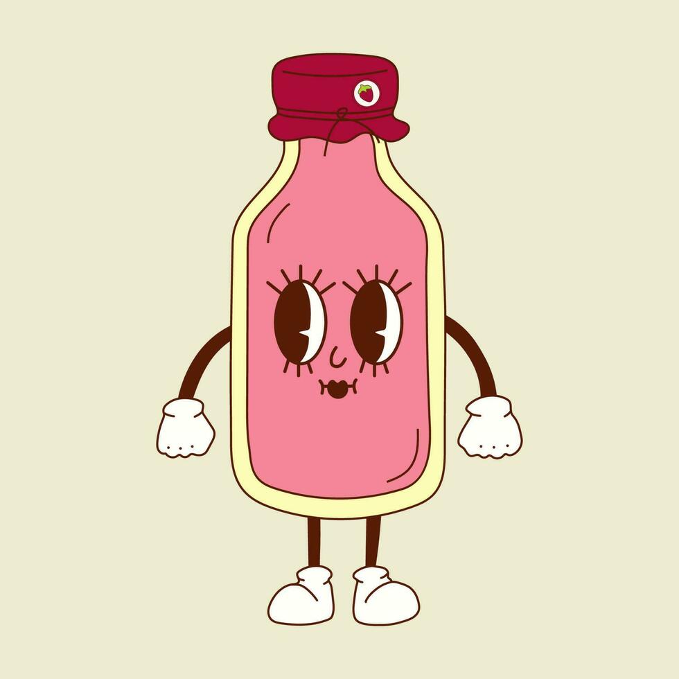 carino contento divertente frappè, bottiglia di fragola latte 30s cartone animato portafortuna personaggio anni 40, anni '50, 60s vecchio animazione stile. vettore