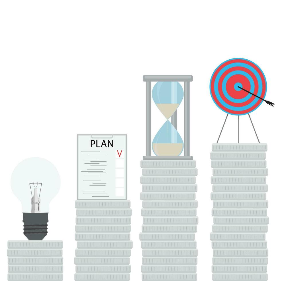 moneta le scale per obiettivo. passo di fare un passo, le scale per passo su, idea e Piano, tempo e obiettivo. vettore illustrazione