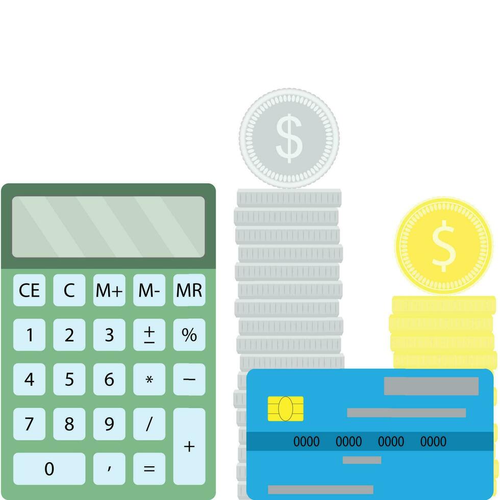 conteggio finanza design piatto. contabilità e calcolatrice, i soldi monete e credito carta. vettore illustrazione