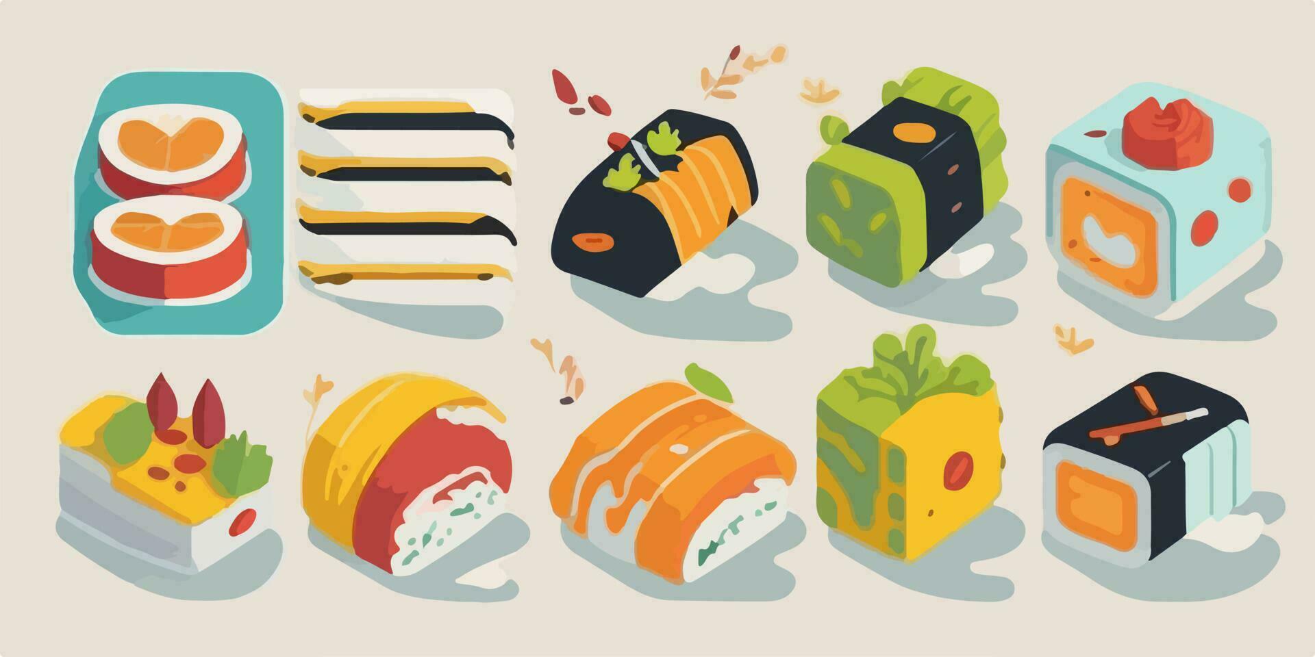 saporito delizie, pieno di colori vettore illustrazione di un' acquolina in bocca Sushi impostato