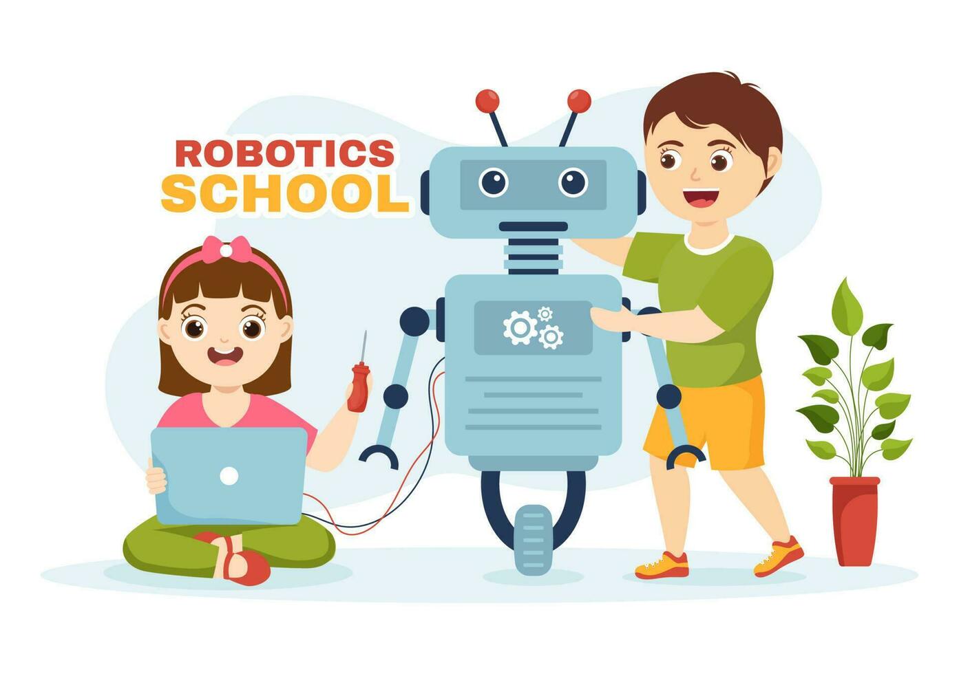 robotica scuola vettore illustrazione con bambini robotica progetto per programmazione e ingegneria robot nel piatto cartone animato mano disegnato atterraggio pagina modelli