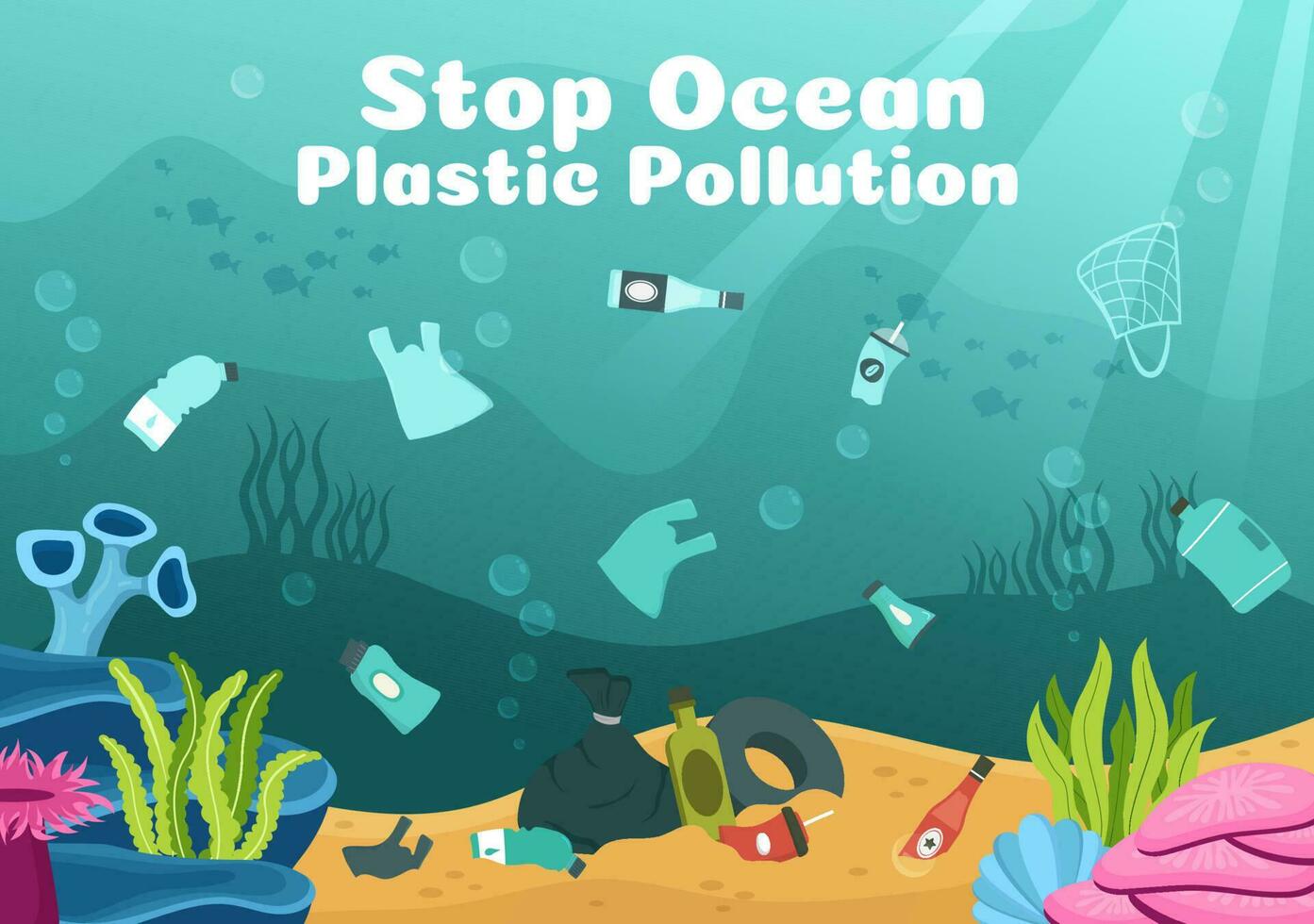 fermare oceano plastica inquinamento vettore illustrazione con spazzatura sotto il mare piace un' rifiuto Borsa, spazzatura e bottiglia nel piatto cartone animato mano disegnato modelli