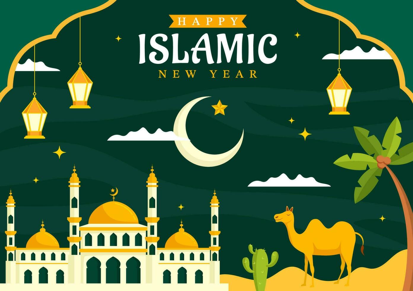 contento Muharram vettore illustrazione con festeggiare islamico nuovo anno nel piatto cartone animato mano disegnato atterraggio pagina sfondo modelli