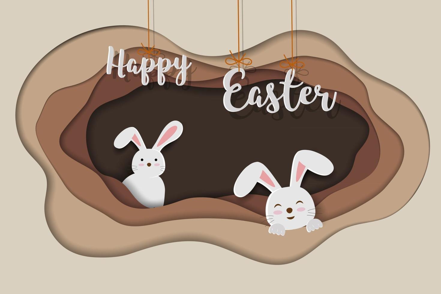 Buona Pasqua biglietto di auguri con simpatici conigli felici nel buco su sfondo di arte di carta vettore
