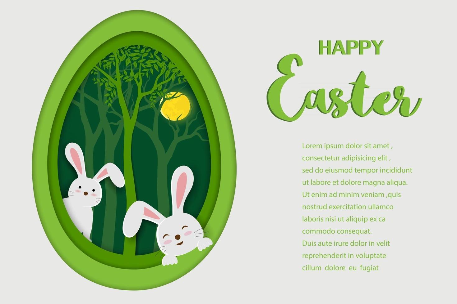 auguri di buona Pasqua con arte di carta di coniglietti sullo sfondo a forma di uovo vettore