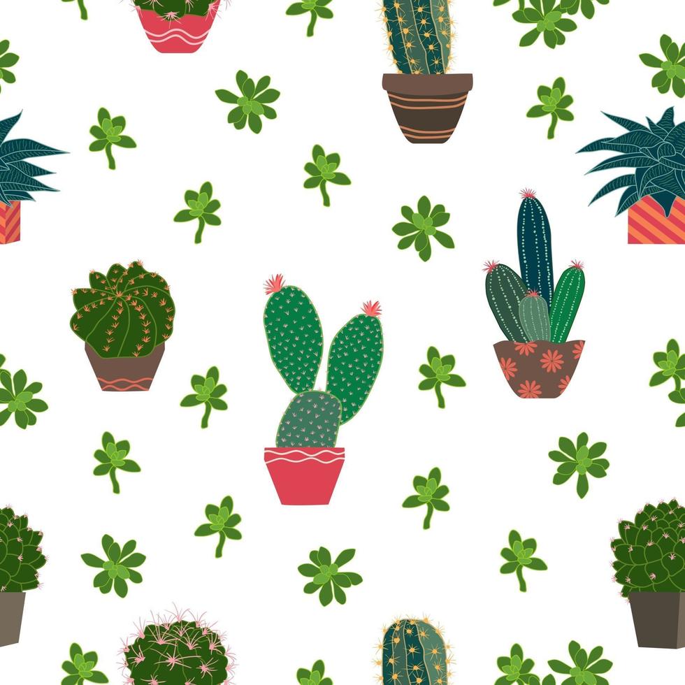 simpatici cactus e piante grasse sul vaso senza cuciture per motivi decorativi, moda, tessuto, tessuto, stampa o carta da parati vettore