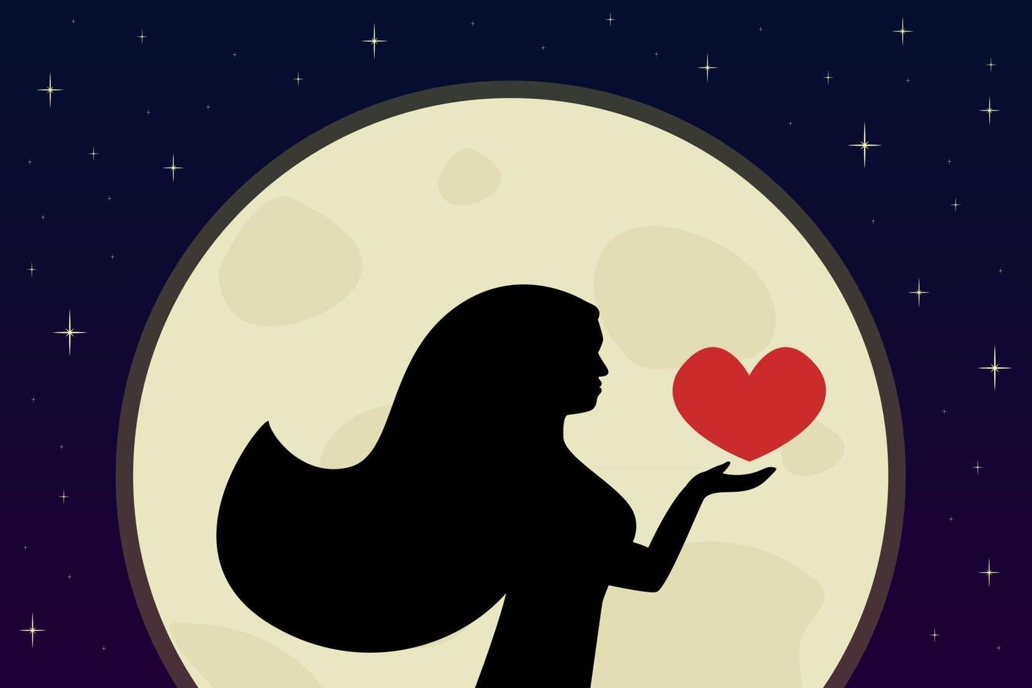 silhouette femminile al chiaro di luna giovane donna sta tenendo il cuore rosso in mano la luna piena e le stelle sullo sfondo illustrazione vettoriale