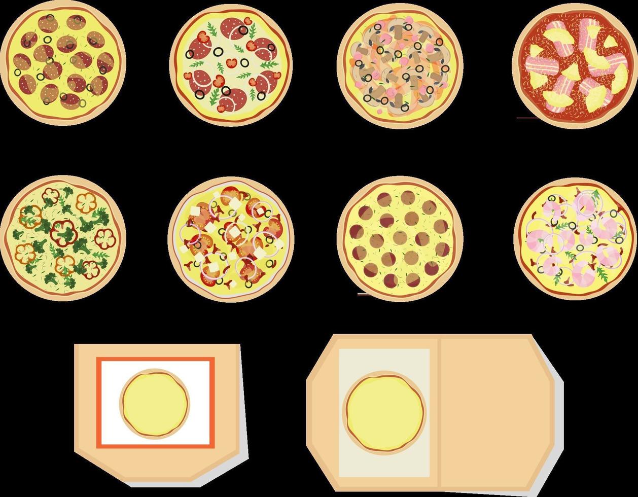 set pizza di diversi tipi vista dall'alto aperto e chiuso pizza box illustrazione vettoriale