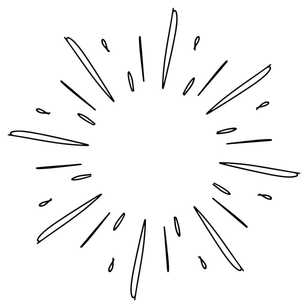 scarabocchio schizzo stile di esplosione di stelle, sprazzo di sole, elemento fuochi d'artificio nero raggi. comico esplosione effetto. radiante, radiale Linee. cartone animato mano disegnato illustrazione per concetto design. vettore