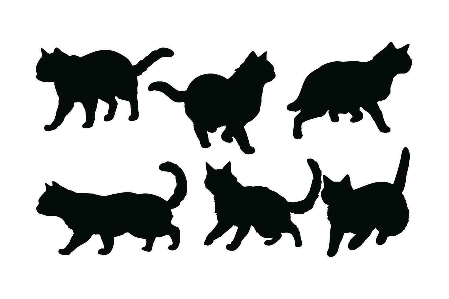 gatti a piedi nel diverso posizioni, silhouette impostato vettore. adulto gatto silhouette collezione su un' bianca sfondo. bellissimo domestico animali piace felini e gatti pieno corpo silhouette gruppi. vettore