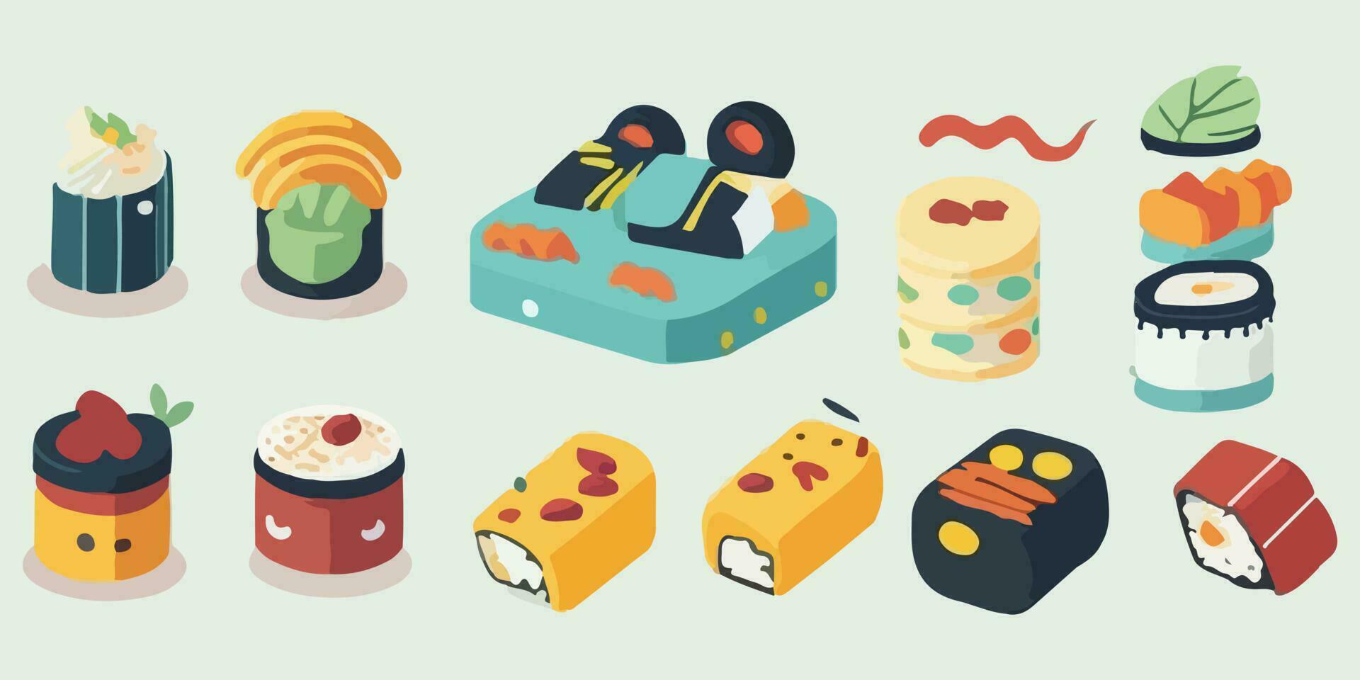 giocoso Sushi Magia, cartone animato illustrazione con colorato rotoli e allegro personaggi vettore