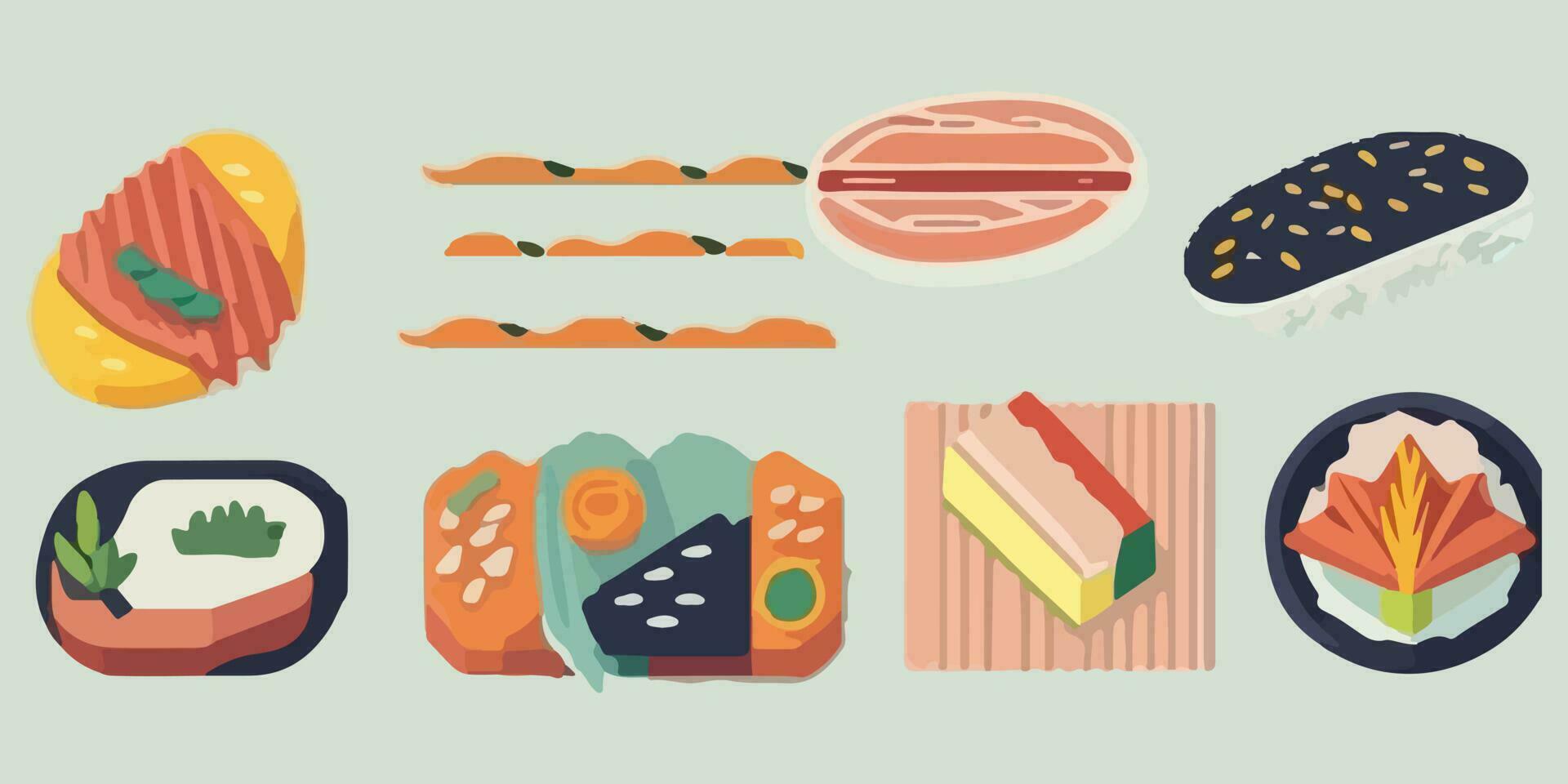 gusto di Giappone, pieno di colori vettore illustrazione con gustoso Sushi rotoli