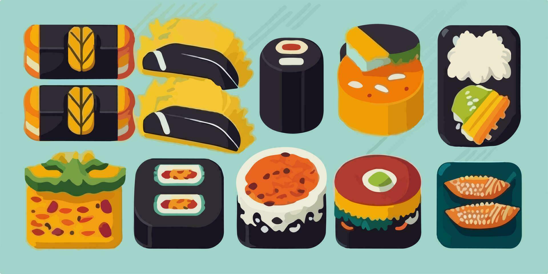 Sushi a bizzeffe, vivace cartone animato illustrazione di un' colorato giapponese diffusione vettore