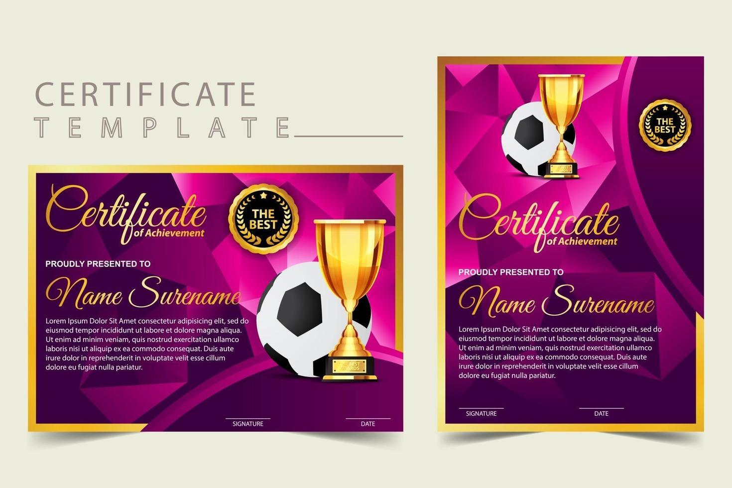 diploma certificato di gioco di calcio con set di coppe dorate vettore