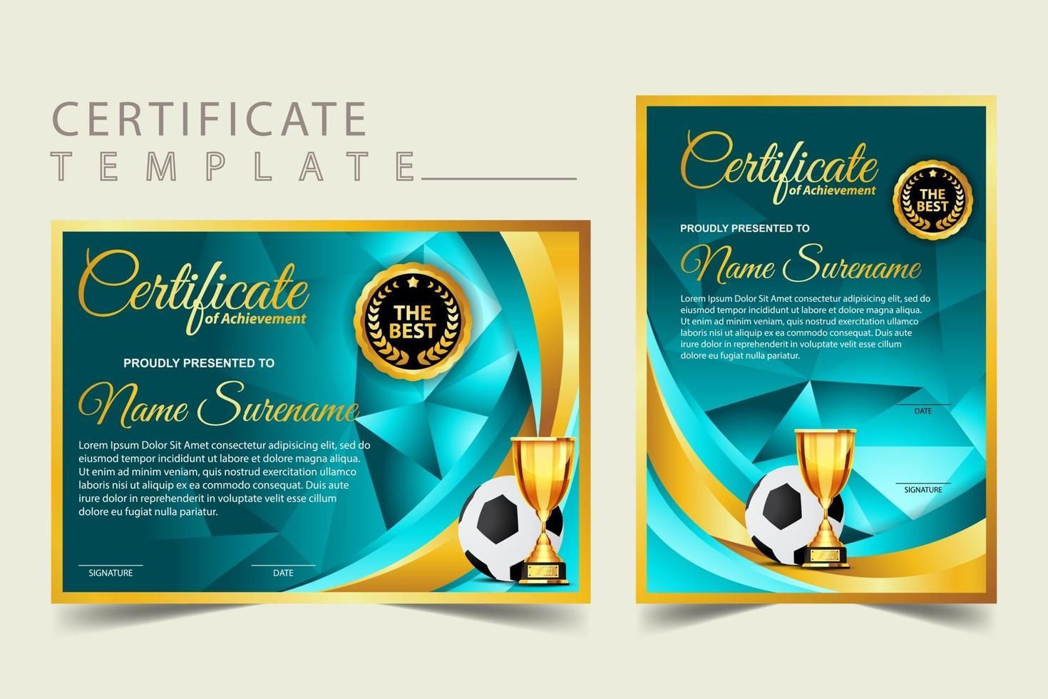 diploma certificato di gioco di calcio con set di coppe dorate vettore