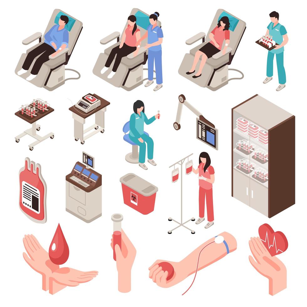 set isometrico di donatore di sangue illustrazione vettoriale