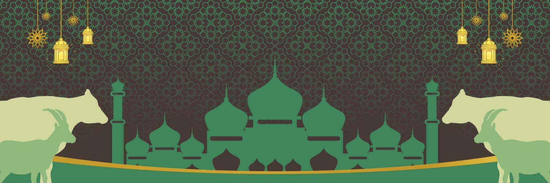 islamico sfondo per eid al-adha, con moschea, mandala, mucca e capra icone. bandiera modello con vuoto spazio per testo. Qurban giorno vettore illustrazione