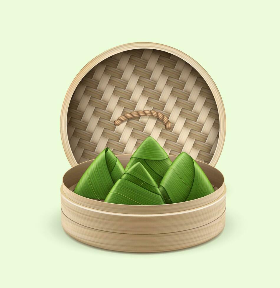realistico dettagliato 3d bambù piroscafo con cibo riso Ravioli. vettore