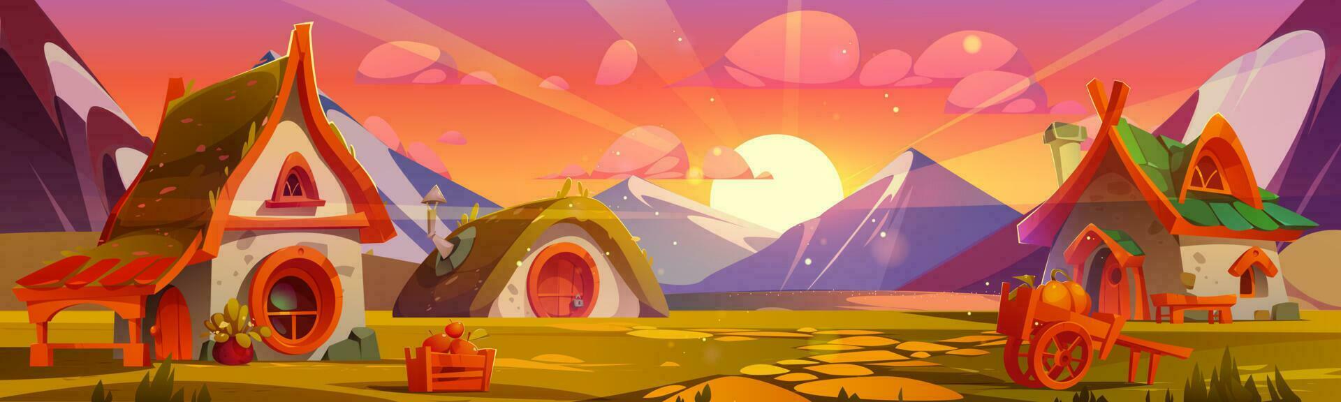 cartone animato nano villaggio nel montagna valle a tramonto vettore