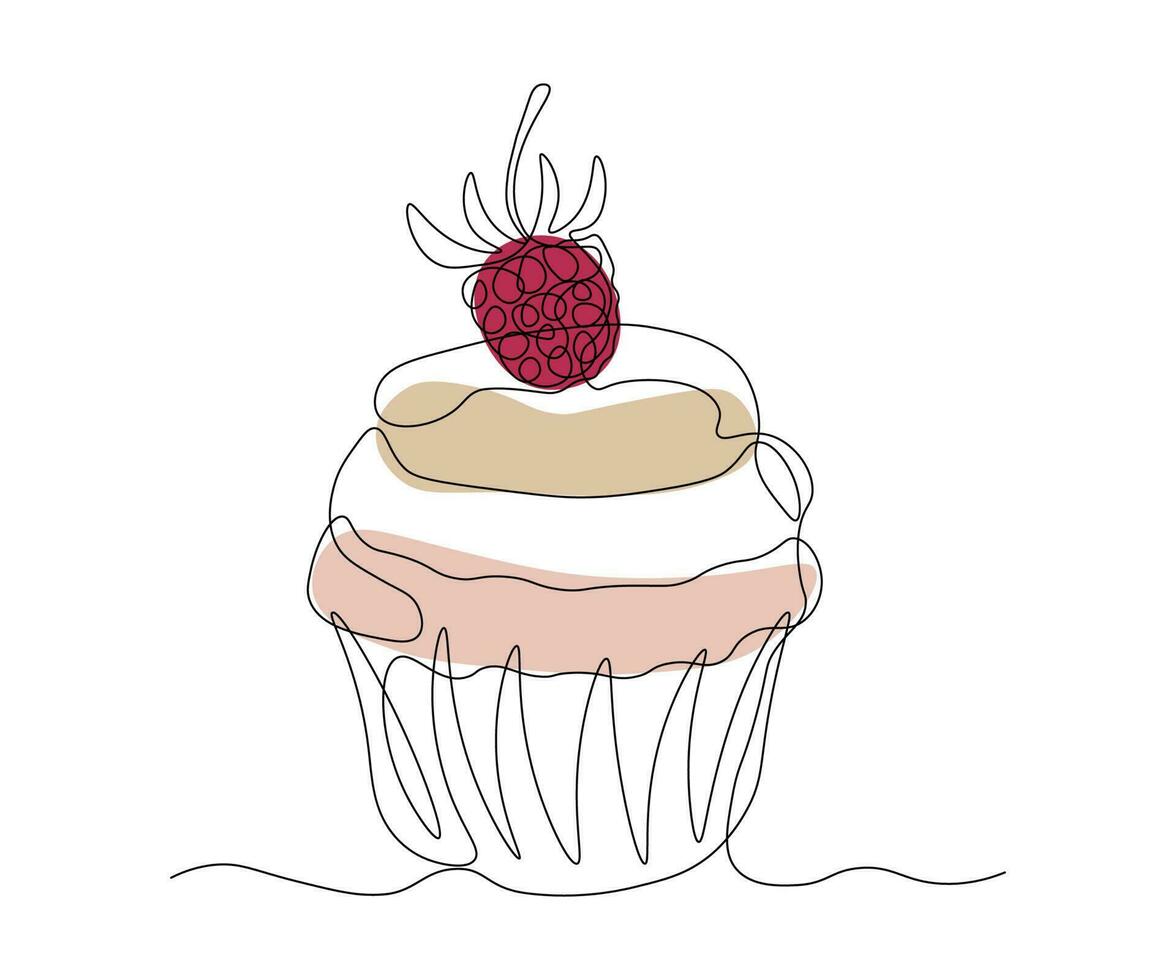 compleanno torta, Cupcake torta con bacca continuo uno linea disegno vettore