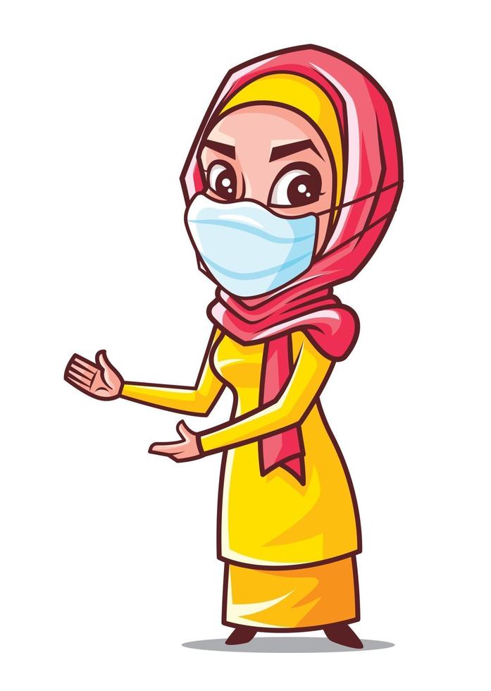 signora musulmana con l'hijab che indossa la maschera per il viso che presenta qualcosa su uno spazio bianco vettore