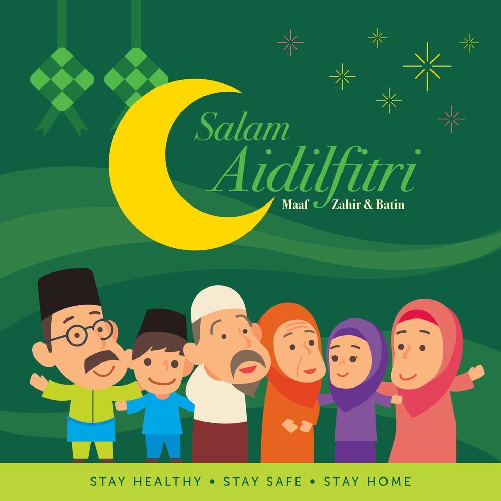 cartone animato carino festa in famiglia musulmana celebrazione dopo il ramadan vettore