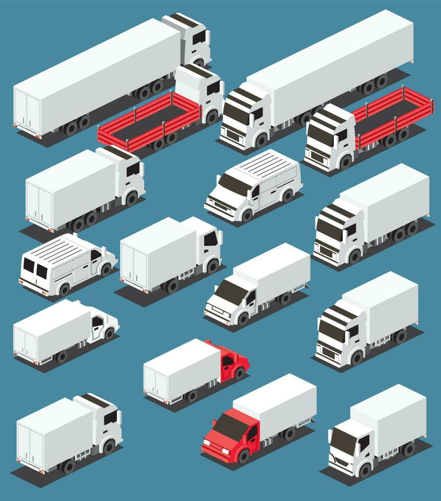 isometrico carico camion collezione. commerciale trasporto impostare. la logistica. città oggetto per infografica. vettore