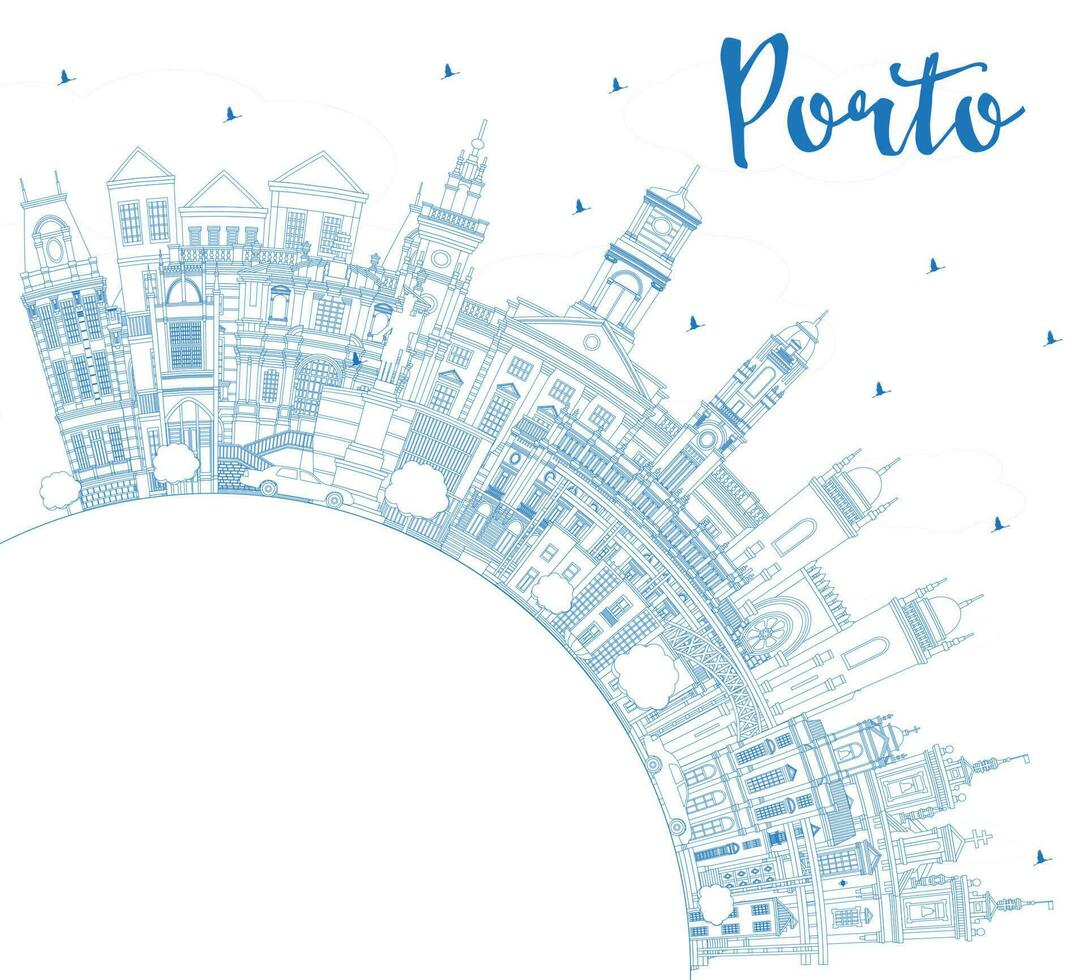 schema porto Portogallo città orizzonte con blu edifici e copia spazio. porto paesaggio urbano con punti di riferimento. vettore