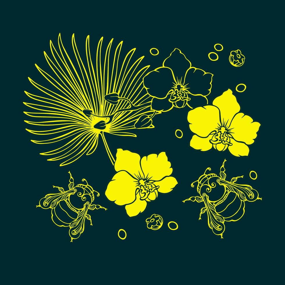 botanico modello con tropicale fiori e bombi. floreale vettore illustrazione.